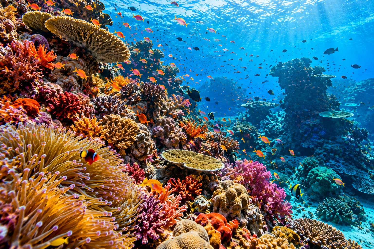 A colourful coral reef teeming with tropical fish in clear blue water